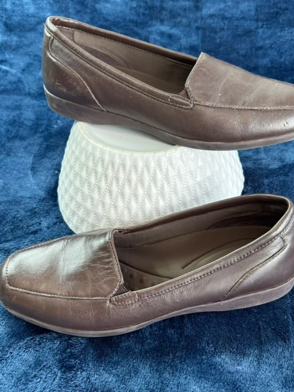 Easy Spirit Devitt Leather Textile Brown Slip-On Loafer Mocs Flats Round Toe 6M
